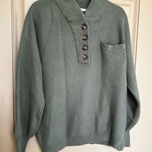 Lunya Cozy Cotton Silk Pocket Henley Pullover Sweater Olive Green Medium